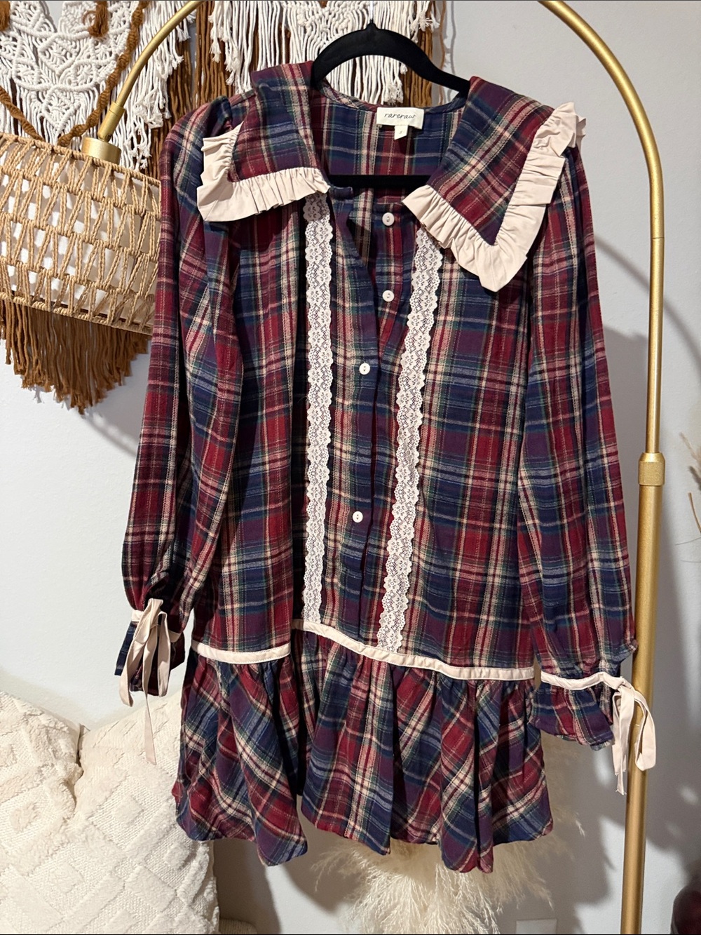 Girls Plaid Ruffle Collar Dress with Lace Trim - Burgundy
